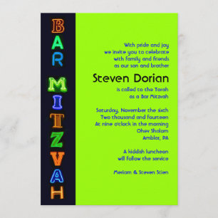 Invitation VERTE AU NÉON de bat mitzvah de barre