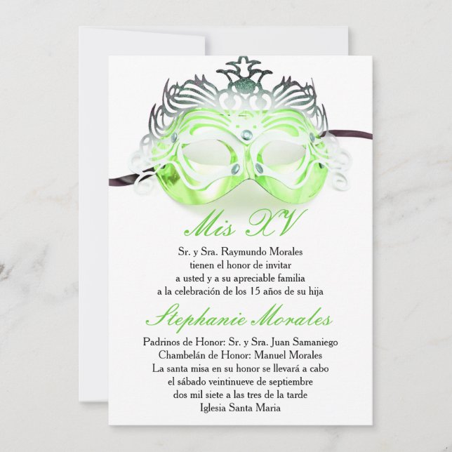 Invitation verte d'anniversaire de Quinceanera de (Devant)