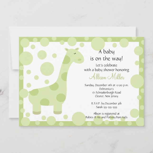 Invitation verte de baby shower de girafe (Devant)