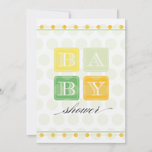 Invitation verte et jaune de baby shower de blocs (Devant)