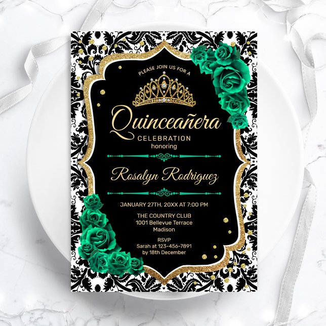 Invitation Verte Or Noir Damas Élégant Quinceanera (Créateur téléchargé)