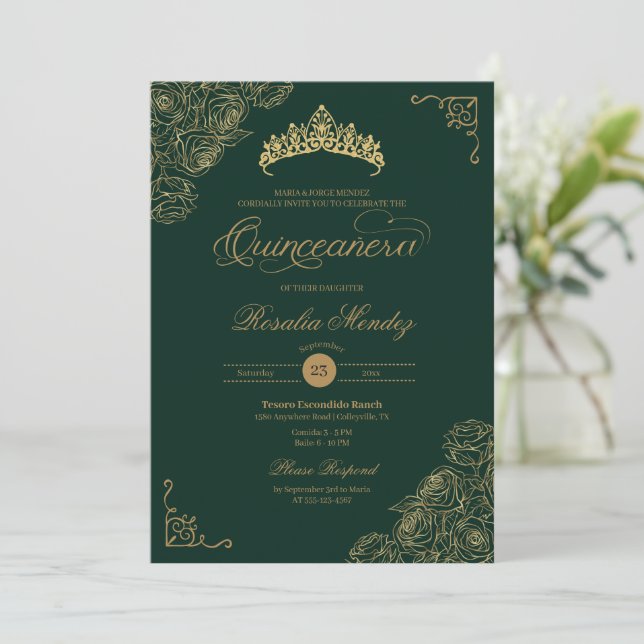 Invitation Verte & Or Roses élégant Quinceañera (Debout devant)