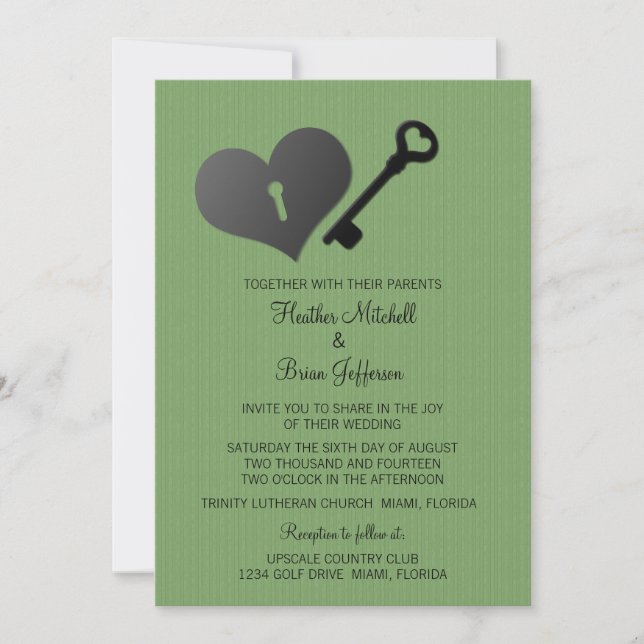 Invitation Verte serrure de coeur et mariage clé (Devant)