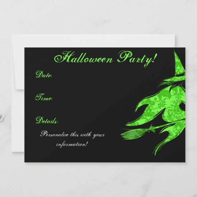 Invitation verte volante de Halloween de sorcière (Devant)