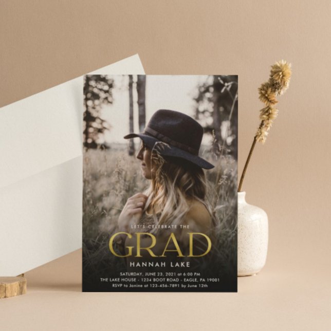 Invitation Vertical 3 Photo Gold Foil Grad Photo Graduation (Créateur téléchargé)