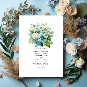 Invitation Verts Bleutés Fleuris Mariage d'Hiver