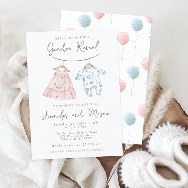 Invitation Vêtements Bébé rose Bleu Boho Révélation de genre (Créateur téléchargé)