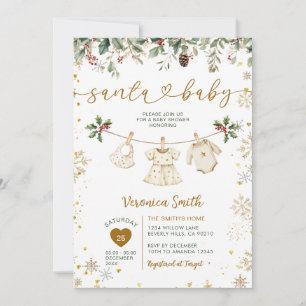 Invitation Vêtements de Baby Shower de Noël Fleuris en Or de