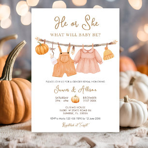Invitation Vêtements de bébé Citrouille Il ou Elle Révélation