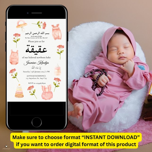Invitation Vêtements de bébé rose Aqiqah Aqeeqa Musulman (Créateur téléchargé)