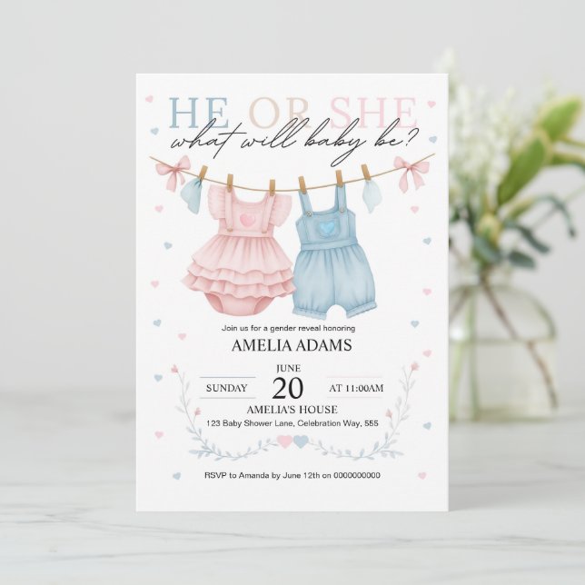 Invitation Vêtements de bébé rose ou bleu Genre Reveillez Inv (Debout devant)