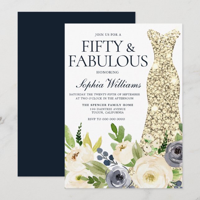 Invitation Vêtements d'or floral marine et blanc 50e annivers (Devant / Derrière)
