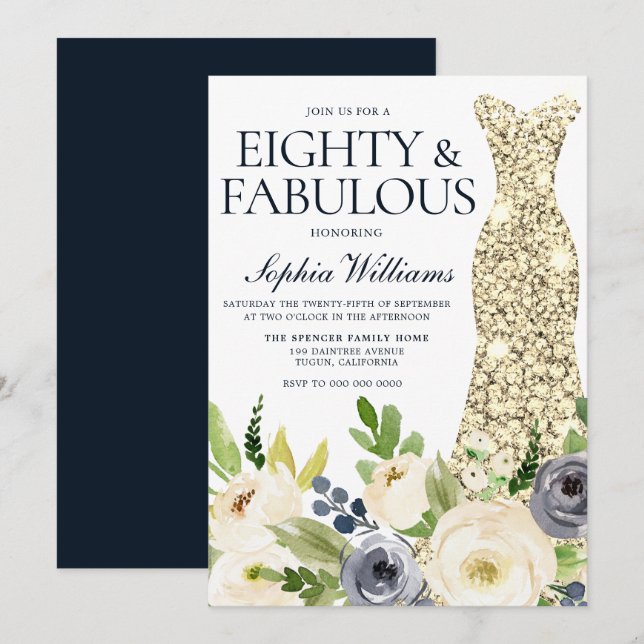 Invitation Vêtements d'or floral marine et blanc 80e annivers (Devant / Derrière)
