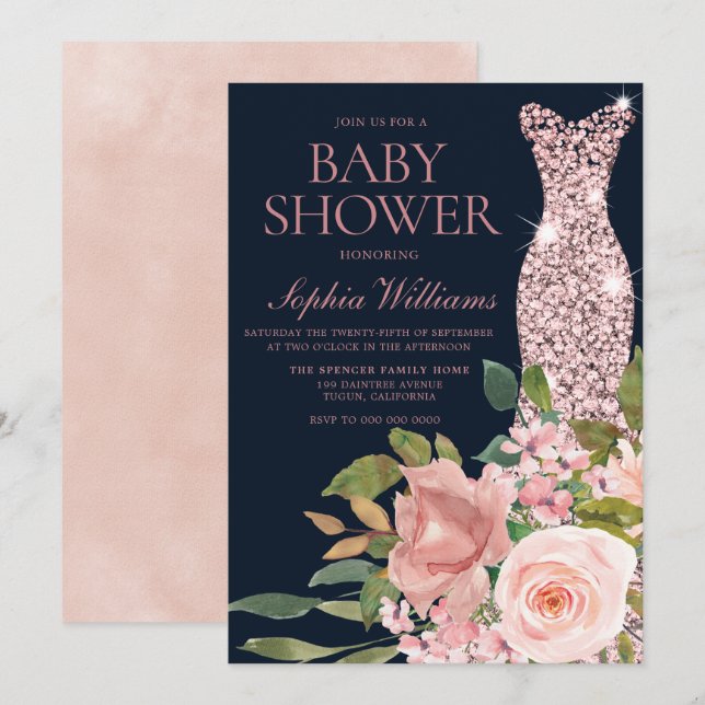 Invitation Vêtements Roses en or de marine et Blush Baby show (Devant / Derrière)