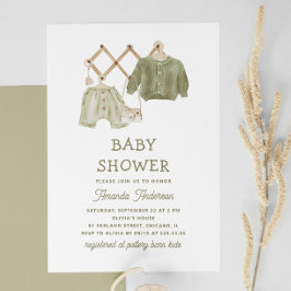 Invitation Vêtements Vertes Aquarelle Sage. Baby shower neutr