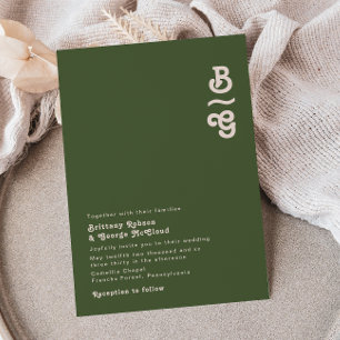 Invitation Vibes rétro simples Mariage de monogramme vert o