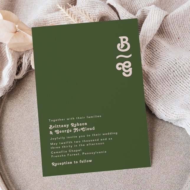 Invitation Vibes rétro simples | Mariage de monogramme vert o (Créateur téléchargé)