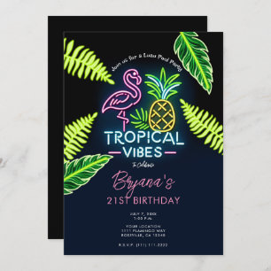 Invitation Vibes tropicales Neon Glow Feuille fête d'annivers