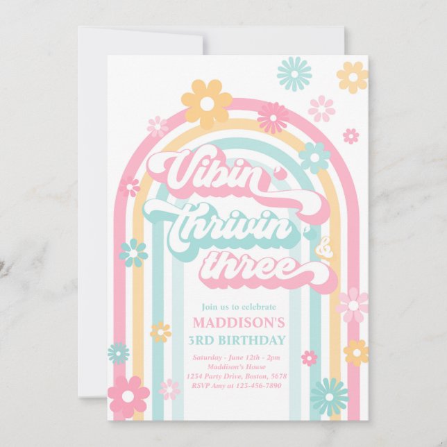 Invitation Vibin' Thrivin' Three Boho Daisy Rainbow Anniversa (Devant)