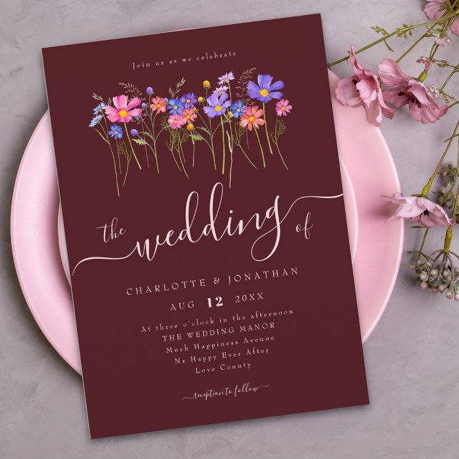 Invitation Vibrant Bold Wildflowers Burgundy Pink Wedding (Vibrant wildflower meadow boho burgundy blush pink wedding invitation Elegant whimsical script )