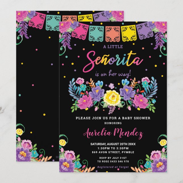 Invitation Vibrant Floral mexicain Señorita Baby shower fille (Devant / Derrière)
