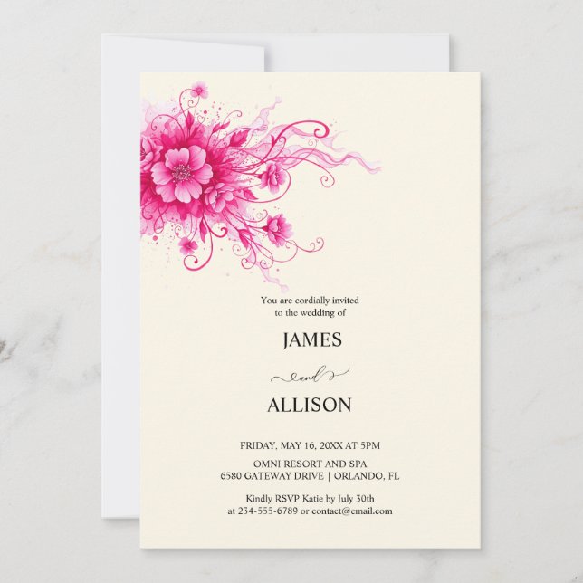 Invitation Vibrant Fuchsia Aquarelle Mariage (Devant)