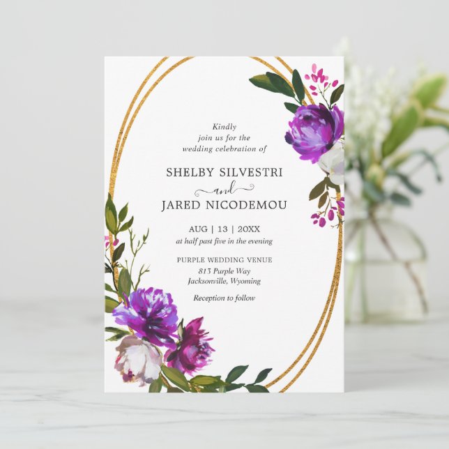 Invitation Vibrant Gras brillant violet Floral Mariage modern (Debout devant)