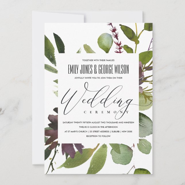 INVITATION VIBRANT MAROON GREEN BLOOM FOLIAGE MARIAGE BUNCH (Devant)