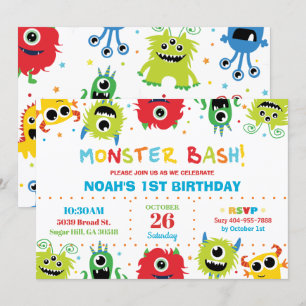 Invitation Vibrant mignon petits monstres garçon 1er annivers