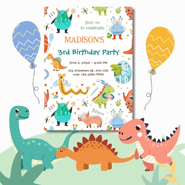 Invitation Vibrant Monster & Dinosaur 3e fête d'anniversaire (Créateur téléchargé)