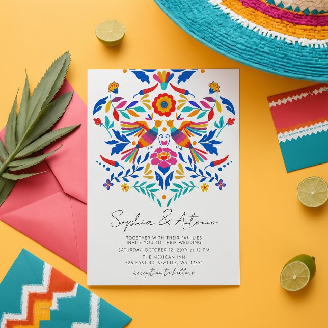 Invitation Vibrant Oiseaux mexicains Otomi Floral Fiesta Mari (Vibrant Mexican Birds Otomi Floral Fiesta Wedding Invitation)