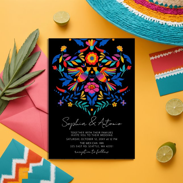 Invitation Vibrant Oiseaux mexicains Otomi Floral Fiesta Mari (Vibrant Mexican Birds Otomi Floral Fiesta Wedding Invitation)