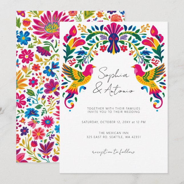 Invitation Vibrant Oiseaux mexicains Otomi Floral Fiesta Mari (Devant / Derrière)