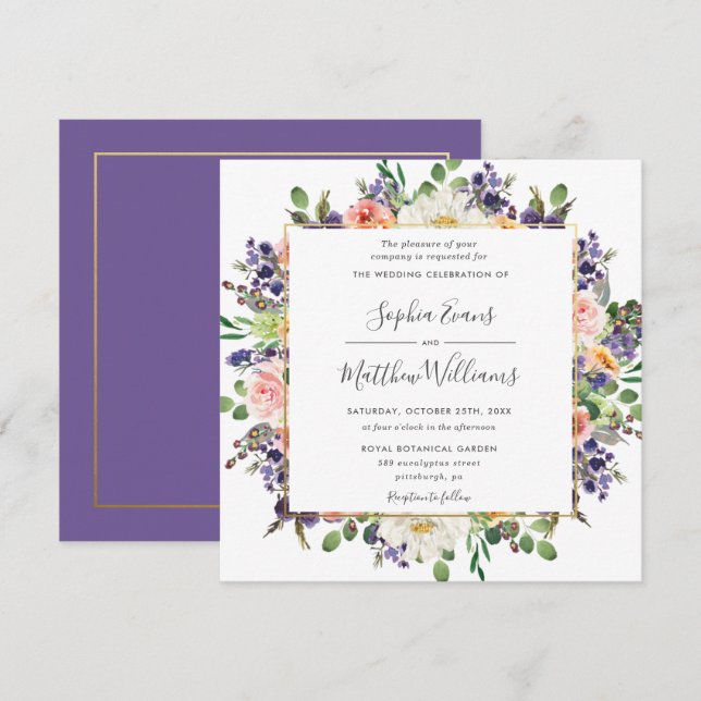 Invitation Vibrant Purple Pêche Blanc Blush Floral Mariage (Devant / Derrière)