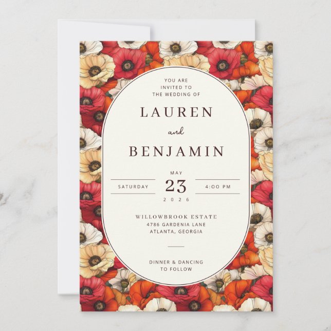 Invitation Vibrant Red and Orange Floral Pattern (Devant)