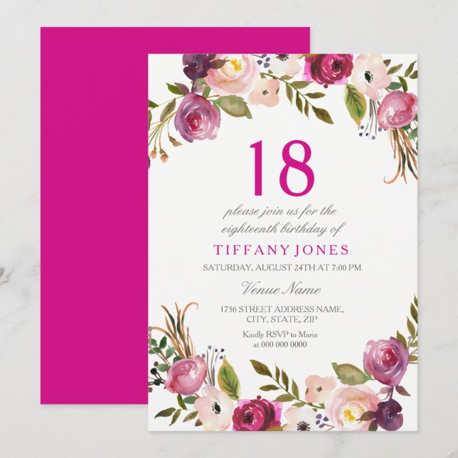 Invitation Vibrant rose botanique floral 18e anniversaire Inv (Devant / Derrière)