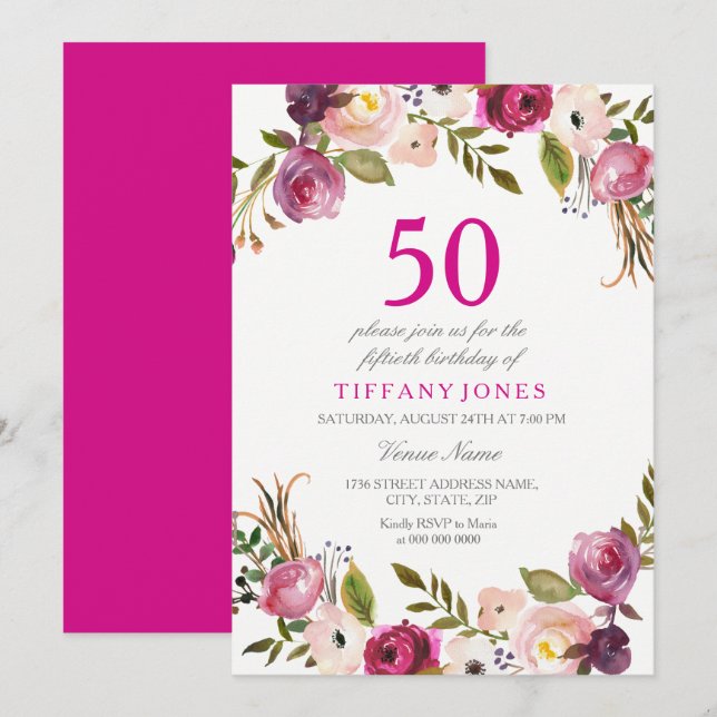 Invitation Vibrant rose botanique floral 50e anniversaire Inv (Devant / Derrière)