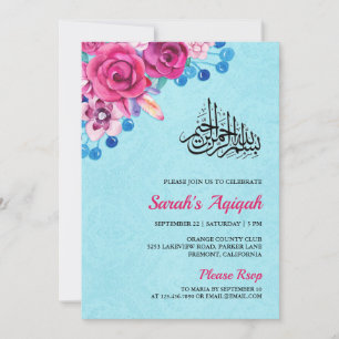 Invitation Vibrant rose floral bébé fille Aqiqah