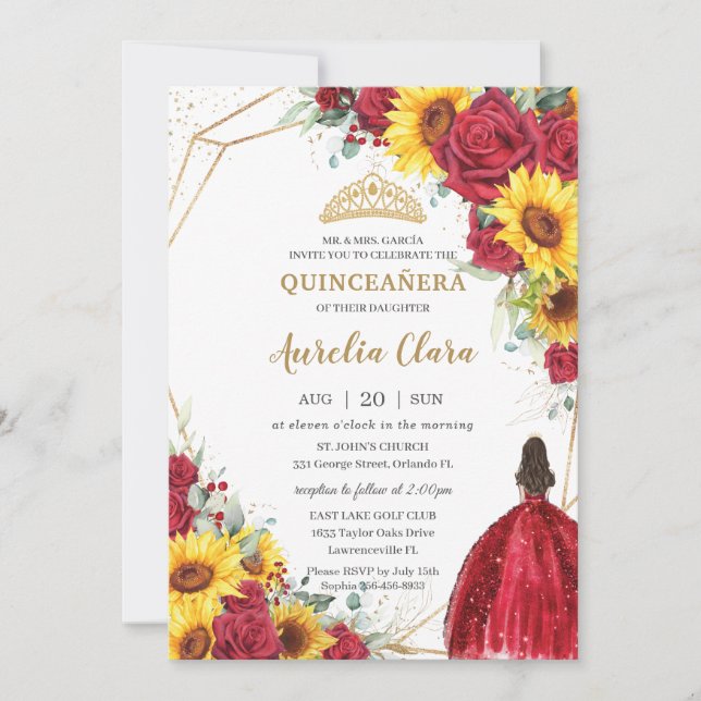 Invitation Vibrant Rose rouge tournesol floral or Quinceañera (Devant)