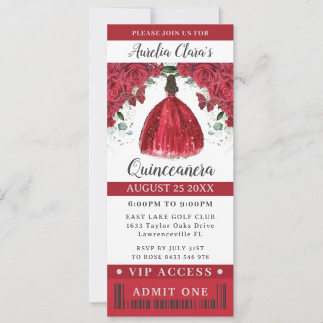 Invitation Vibrant Rouge Floral Quinceañera Sweet 16 VIP Tick (Devant)