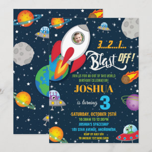 Invitation Vibrant Space Rocket Ship Planètes Anniversaire Ph