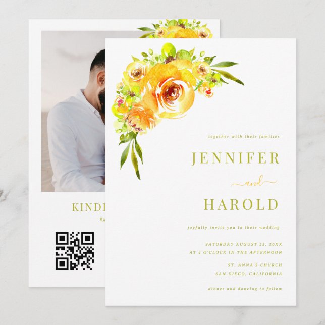 Invitation Vibrant Yellow & Green Floral Garden Photo Wedding (Devant / Derrière)
