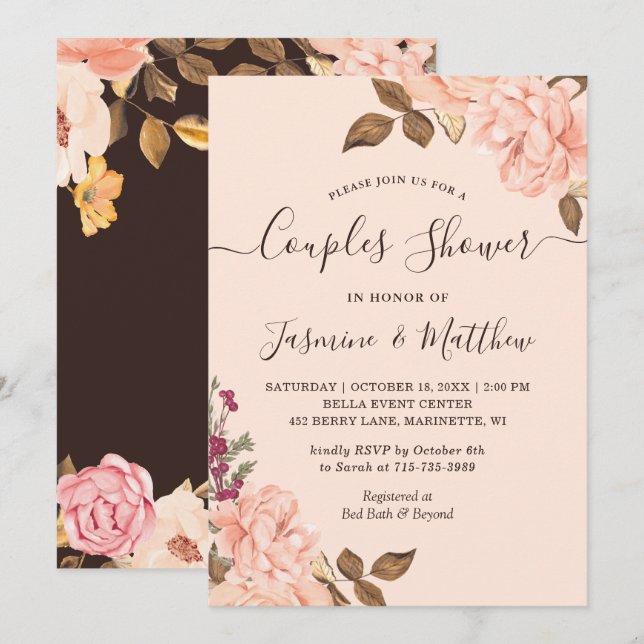 Invitation Victoria Blush Floral Mariage Couples Douche (Devant / Derrière)