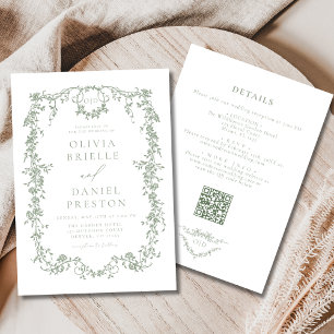 Invitation Victorian All In One Sage Vert QR Code Mariage