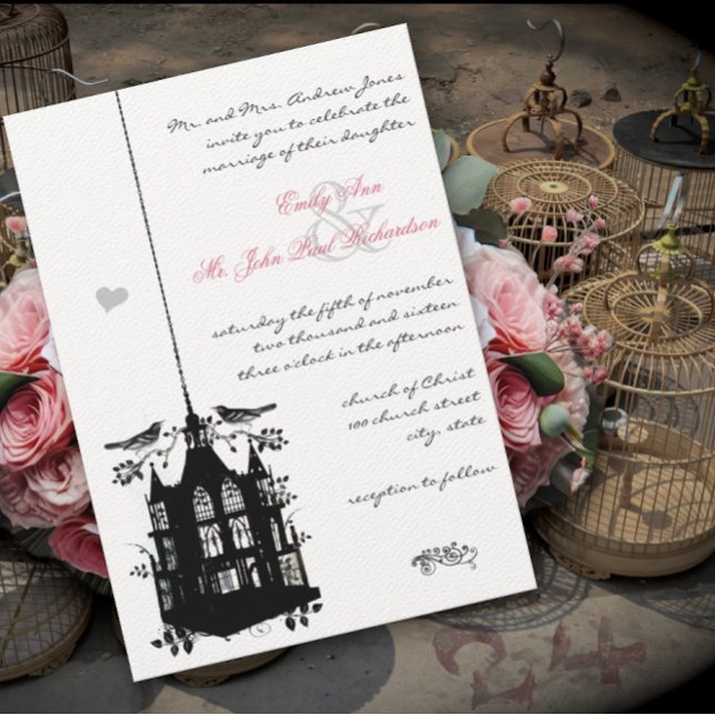 Invitation Victorian Bird Cage Rose & Black Wedding Invitatio (Créateur téléchargé)