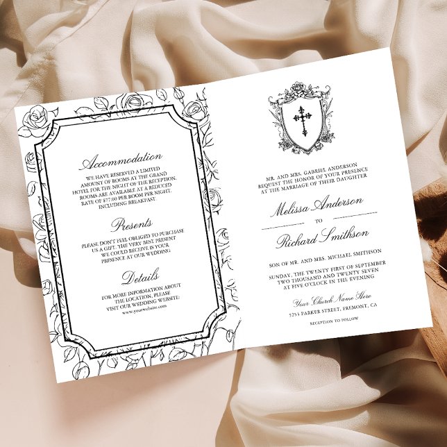 Invitation Victorian Black and White Catholic QR Code Wedding (Créateur téléchargé)