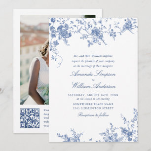 Invitation Victorian Blue French Garden Code QR Mariage photo
