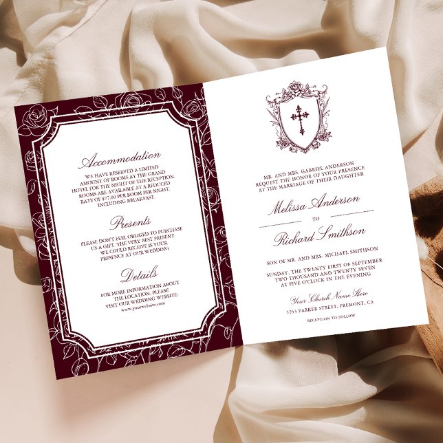 Invitation Victorian Burgundy Catholic QR Code Wedding (Créateur téléchargé)