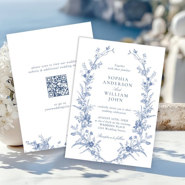 Invitation Victorian Dusty Blue French Garden Wedding Code QR (Créateur téléchargé)