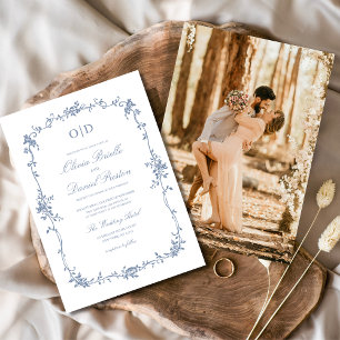 Invitation Victorian Dusty Blue Photo Monogram Mariage